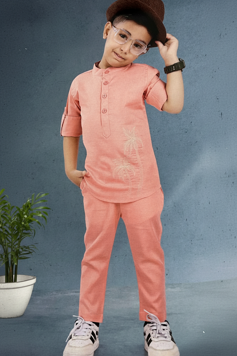 Peach Salmon Boys Mandarin Collar Co-ord Set Recreated