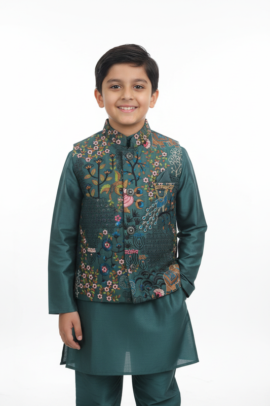 Teal Embroidered Nehru Jacket Kurta Pajama on Boy Model